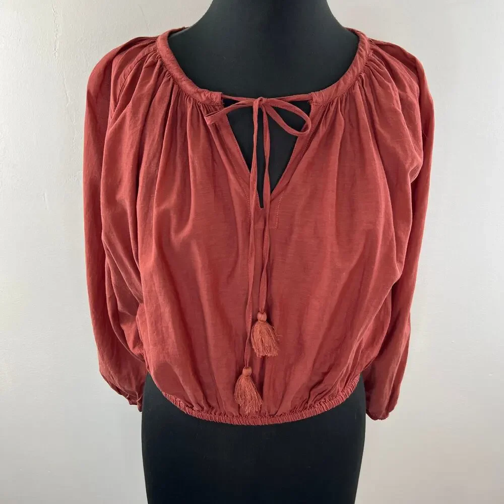 J. CREW Chimney Brown Cotton Blend Puff Sleeve Tassel Tie-Front Crop Top Size S